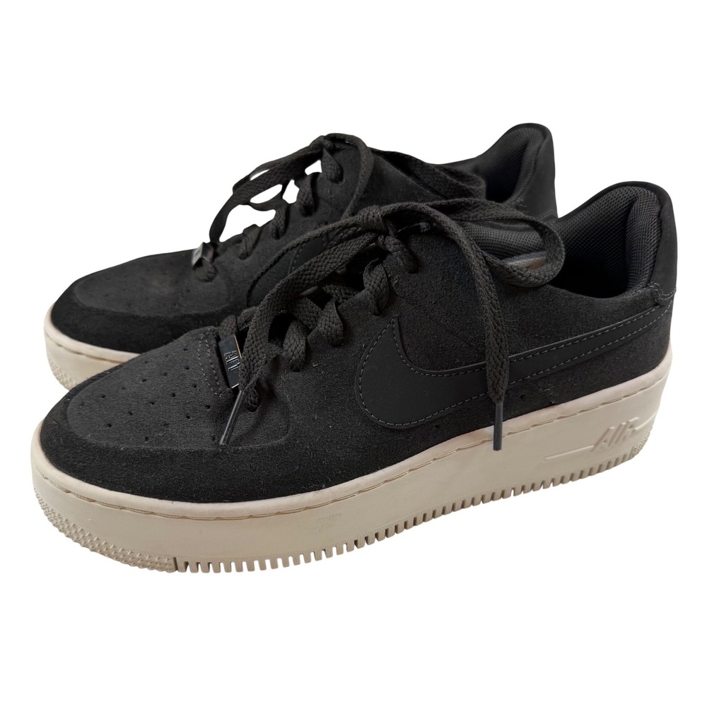 Nike Air Force 1 Sage Low Black Suede Platform Sneakers AR5339-001 Sz‎ 7.5